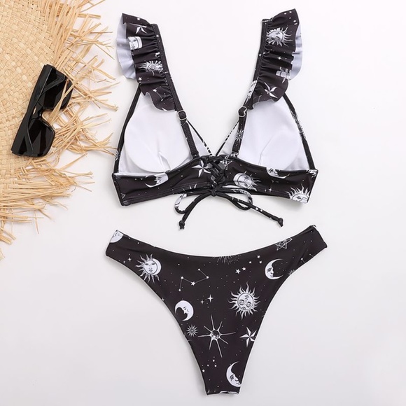 Astronomy Bikini Set Celestial 2-Piece Swimsuit Orange & Black Sun Moon Stars - Picture 3 of 5